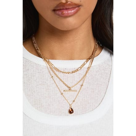 boohoo Dames T-bar en Bruine Emaille Hanger Gelaagde Ketting | Goud