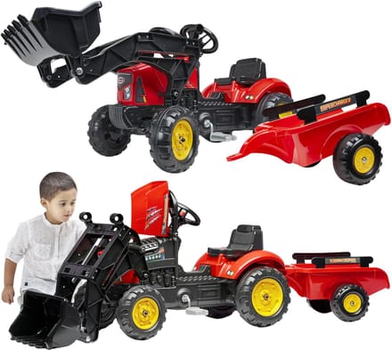 Rode Supercharger traptractor met te openen motorkap en aanhanger