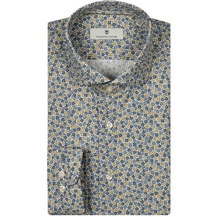 Thomas Maine Overhemd Allover Small Flower Pattern Roma Modern Kent Blue-Mustard-White / male