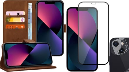 Hoesje geschikt voor iPhone 13 Mini - Book Case Kunstleer Wallet - Bruin - Met Full Screenprotector en Camera Screen Protector