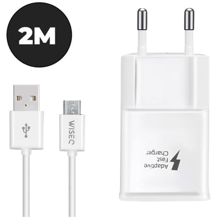 USB oplader geschikt voor Micro USB apparaten, Samsung, Huawei – USB adapter met Micro USB oplaadkabel 2 meter – wit – WiseQ