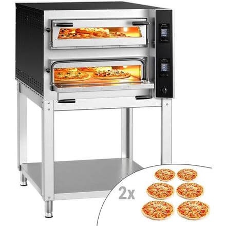GGM Gastro Elektrische pizzaoven (chamotte bakvloer) - 990x1270x1560mm - 2 kamers - 6+6 x Ø35 cm - tot 400°C - Digitaal - incl. onderstel zilver