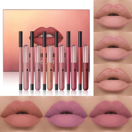 Gloss à lèvres mat et crayon à lèvres Ensemble de 12 pièces brown