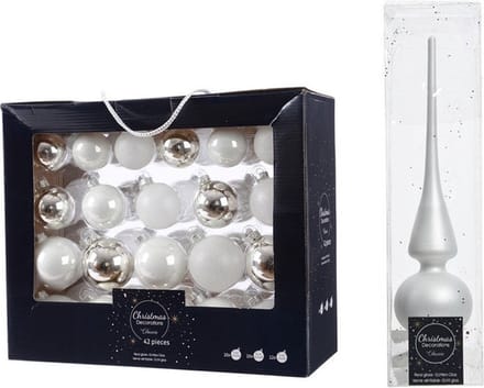 Decoris Kerstballen 42x glas wit zilver - 5-6-7 cm - mat glanzend glitter - inclusief piek - kerstdecoratie