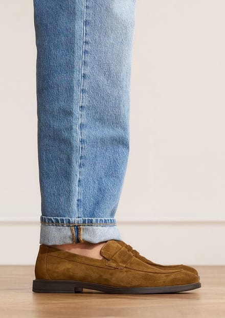 Manfield - Heren - Cognac suède loafers - Maat 43