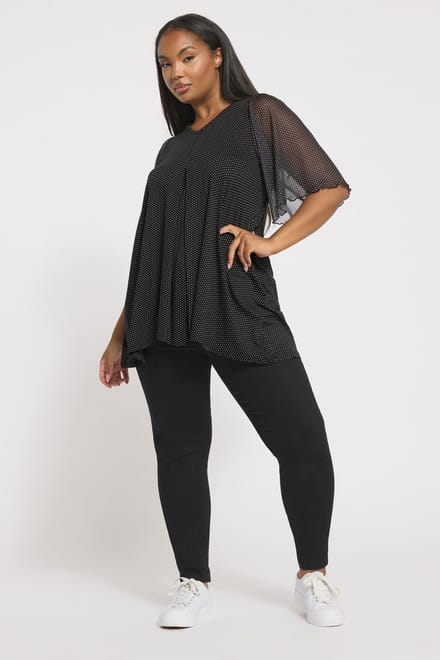 Yours Zwarte Top Met Mesh Mouwen En Polka Dots Size 44