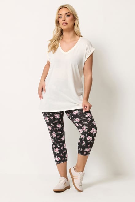 Yours Yourset 2Pack Zwarte Cropped Leggings Met Bloemensize 50