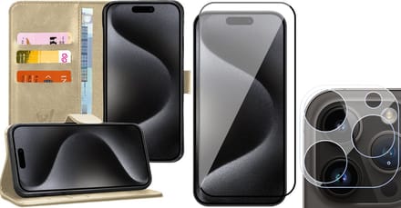 Hoesje geschikt voor iPhone 15 Pro Max - Screenprotector FullGuard & Camera Lens Screen Protector - Book Case Kunstleer Pasjeshouder Goud