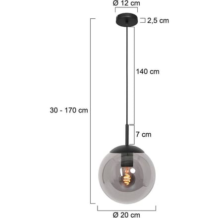 Hanglamp Bollique 20cm Zwart Hoogte Instelbaar, Glas en Metaal, Steinhauer