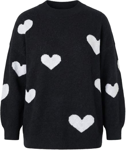 Studio Untold - Dames - Trui oversized HEARTS-motief lange mouw - Zwart - Maat 54+