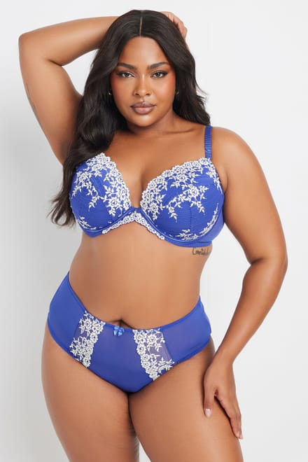 Yours Blauwe Plunge Bh Met Bloemenborduursel Size 105E