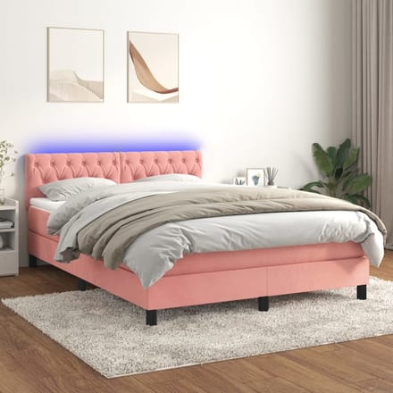 vidaXL - Boxspring - met - matras - en - LED - fluweel - roze - 140x190 - cm