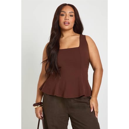 boohoo Dames Plus Vierkante Hals Peplum Top | Chocoladebruin | Maat: 44