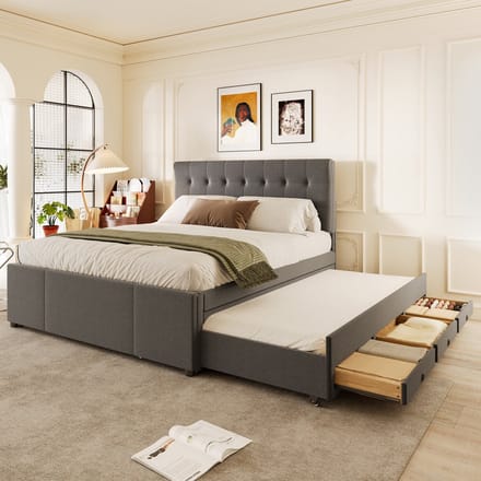 Bed 140x200 cm - Met Uitschuifbed En Drie Lades - Verstelbaar Hoofdbord - Stof - Grijs