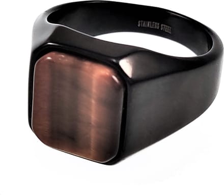 Zegelring Heren - Zwart PVD Coating Stalen - Ring met Tijgeroog Steen