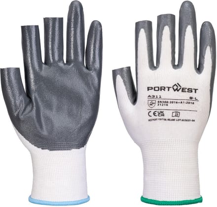 Portwest Grip 13 Nitril 3 vingerloze Handschoen (Pk12) - Wit/grijs - M