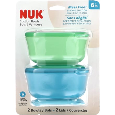 NUK, bol à ventouse, 6 mois et plus, bleu et vert, 2 bols + 2 couvercles beige