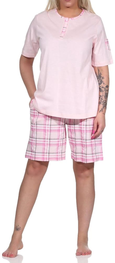 Edele dames shorty pyjama met korte mouwen en geruite broek van jersey - ook in overmaten