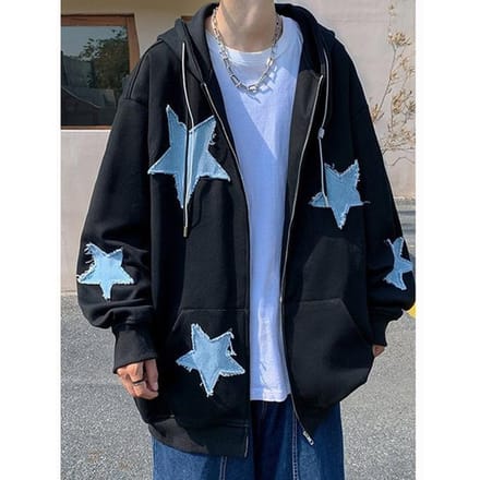 Dames Star Patch Zip Up Hoodie voor dames Oversized Y2k Sweatshirt Jack E-Girl 90s Pullover Streetwear M zwart