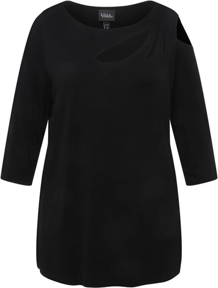 Ulla Popken - Dames - Shirt cut-outs A-lijn boothals 3/4-mouw - Zwart - Maat 46+