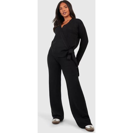 boohoo Dames Plus Wrap Tie Side Jumper en Broek Co-ord | Black | Maat: 24