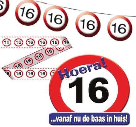 16 jaar Feest pakket versiering verkeersbord - 3delig.