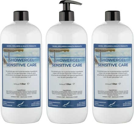 Douchegel Sensitive Care 1 Liter - set van 3 stuks - met gratis pomp - Showergel