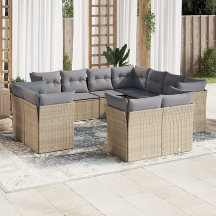 vidaXL - 11-delige - Tuinset - met - kussens - poly - rattan - beige