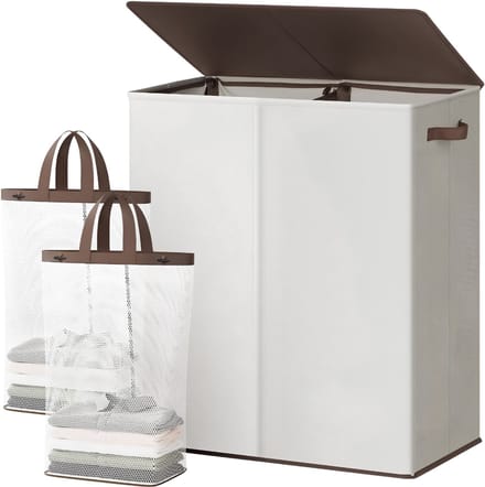 Wasmand - 145L - Wasmand 2 Vakken - Wasmand met Deksel - Gebroken Wit - 58cm x 38cm x 67cm