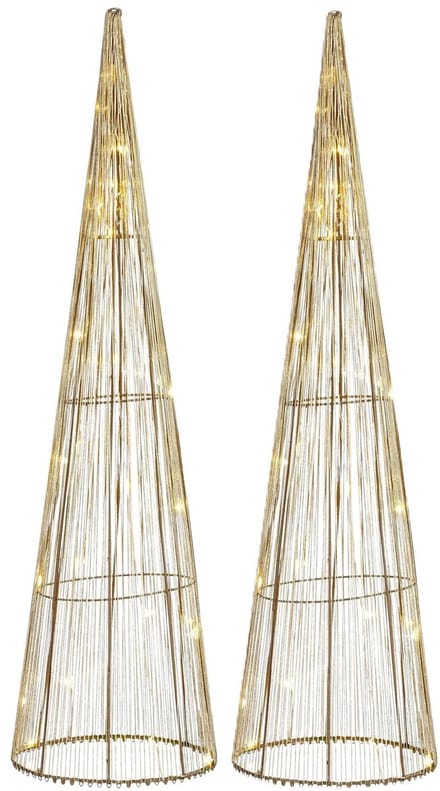 Mica Decorations LED kegel - 2x - kerstboom lamp - goud - polyester/metaal - H60 cm - kerstverlichting
