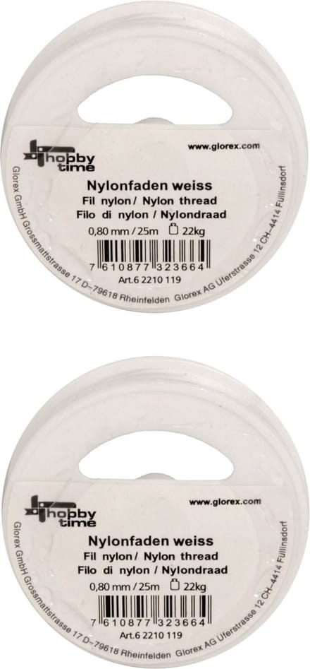Glorex hobby nylon draad - 2x rollen - wit - 0.8 mm x 25 meter - knutselen - scheurvast