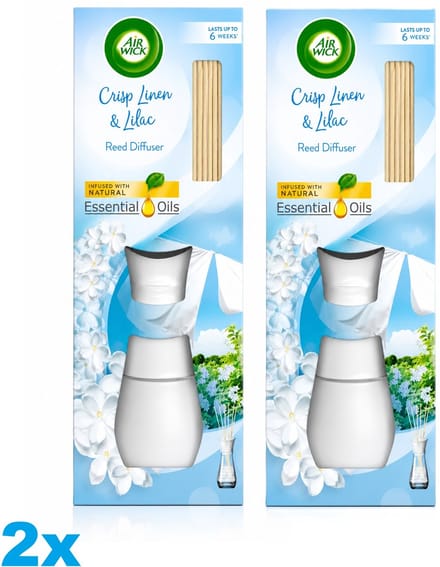 Air Wick Reed Diffuser Crisp Linen & Lilac – 2 x 42 ml – Tot 6 Weken Frisheid – 2 Stuks