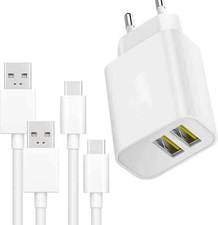 Oplaadstekker + 2x USB C naar USB A Kabel - 12W/2.4A - 2 Meter - Wit - Oplader Lader Stekker Oplaadkabel Snoer