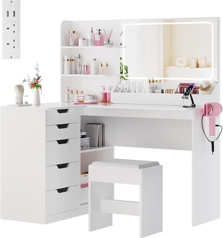 Ruime Dressing Table met Spiegel en LED Verlichting - Hoek Makeup Tafel met 5 Lades