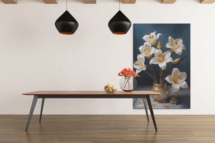 Canvas Schilderij - Bloemen in Gouden Vaas - Kunst - 90x60x2 cm