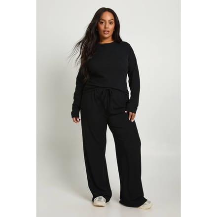 boohoo Dames Plus Rib Basic Top met Lange Mouwen & Elastische Taille Broek Co-ord | Zwart | Maat: 46