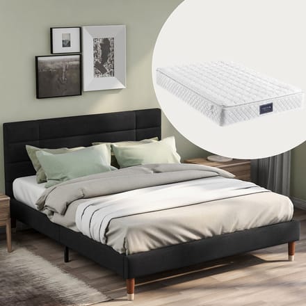 Tweepersoonsbed - 140x200 cm - Gestoffeerd Bed met Matras - Modern Design - Linnen - Zwart