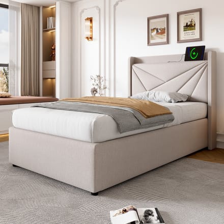 REDOM Opbergbed 90x200 cm – Katoen-linnen – Hydraulisch – USB/Type-C – Beige