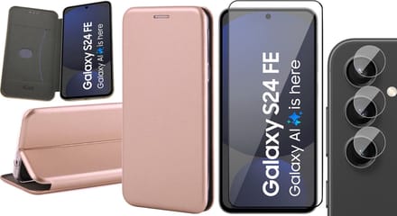 Hoesje geschikt voor Samsung Galaxy S24 FE - Screenprotector Volledig Dekkend Glas & Camera - Wallet Book Case Rosegoud