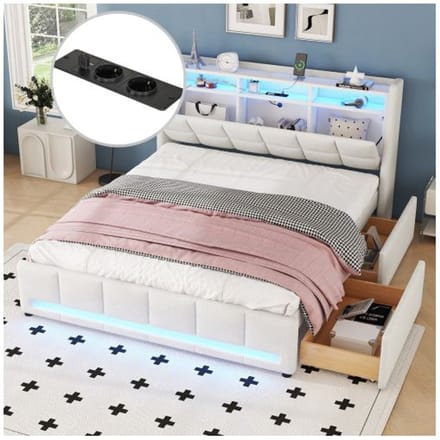 Lit - MUVOE - 140 x 200 cm - Rembourré en lin beige - Éclairage LED - Prise USB intégrée beige