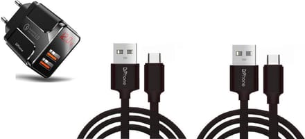 DrPhone Snellader Set – 2x USB-C Kabel 2M + 18W Quick Charge 3.0 Adapter – Dubbele USB Lader met Digitaal Display – Zwart