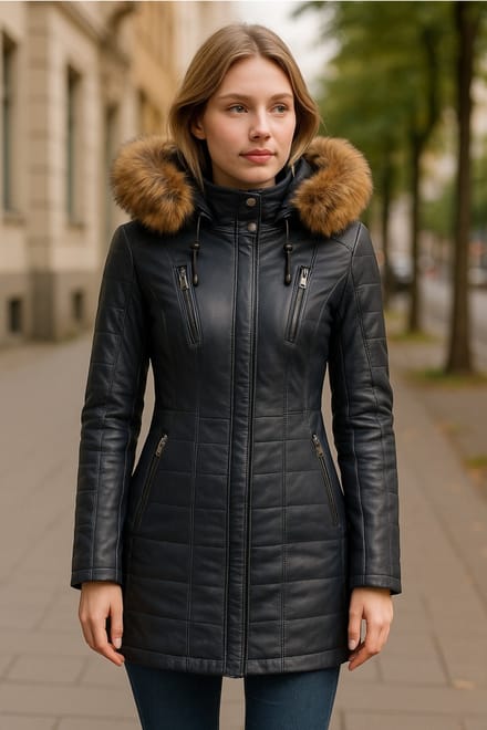 Dames blauwe gewatteerde leren parka-jas - Winton