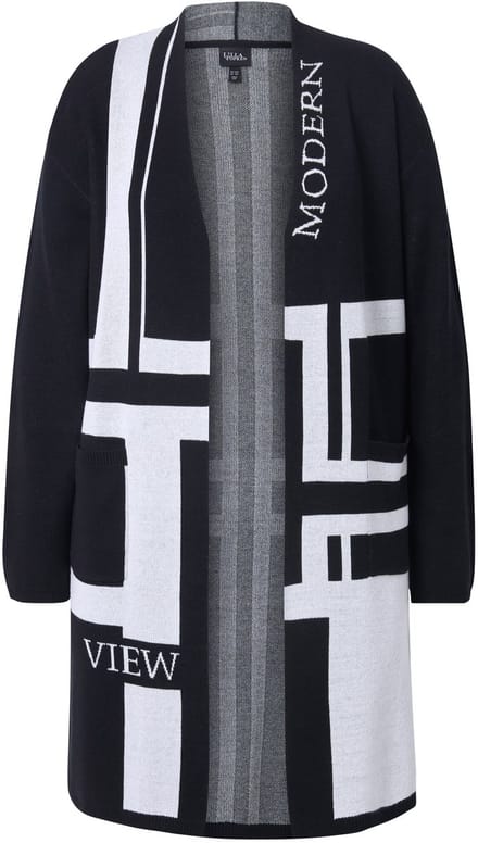 Ulla Popken - Dames - Lang vest jacquard-breisel V-hals lange mouwen - Zwart - Maat 54+