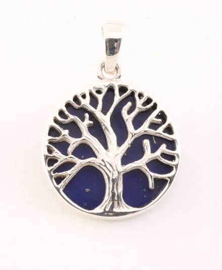 Fijne ronde zilveren hanger met levensboom op lapis lazuli