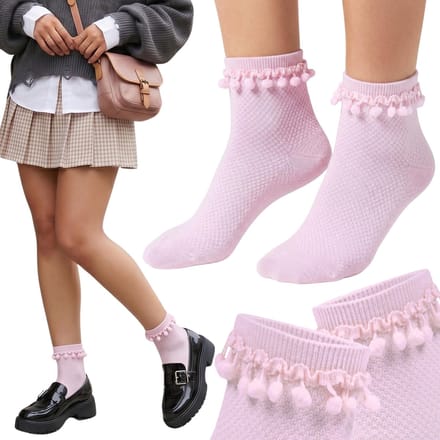 Dameskousen met pompons, hoge roze kousen 37-42