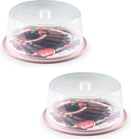 Plasticforte Taart doos - 2x stuks - roze bodem - rond - 32 x 15 cm - gebak bewaardoos