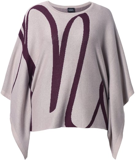 Ulla Popken - Dames - Gebreide poncho penseelstreek oversized ronde hals - Grijsbeige - Maat 1+