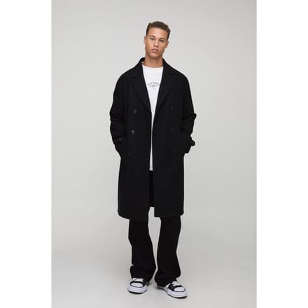 Lange dubbel-geknoopte wollen-look overjas in zwart | Black | Size Medium