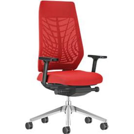 Interstuhl JOYCE is3 bureaustoel, synchroonmechanisme, armleuningen, FlexGrid lendensteun, netrugleuning, vlakke zitting, zwart/vuurrood