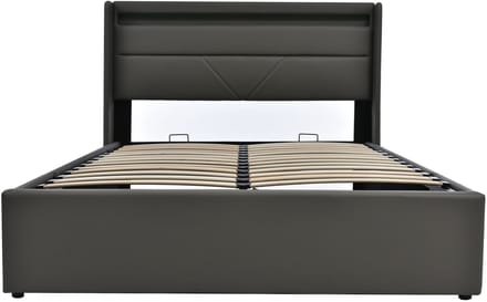Hydraulisch opbergbed met LED-lichtstrip, tweepersoonsbedframe, gestoffeerd bed, 140x200 cm, functioneel bed, grijs (inclusief matras).